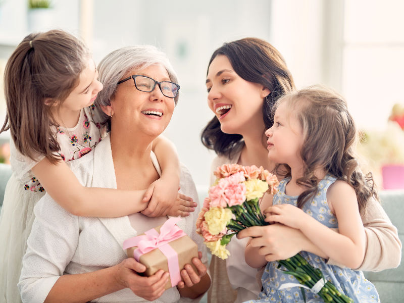 picture of mom, grandmother and two granddaughters with gifts and flowers, mothers day 2024 calendar date,mothers day 2024, mothers day meaning, mothers day uk date, 