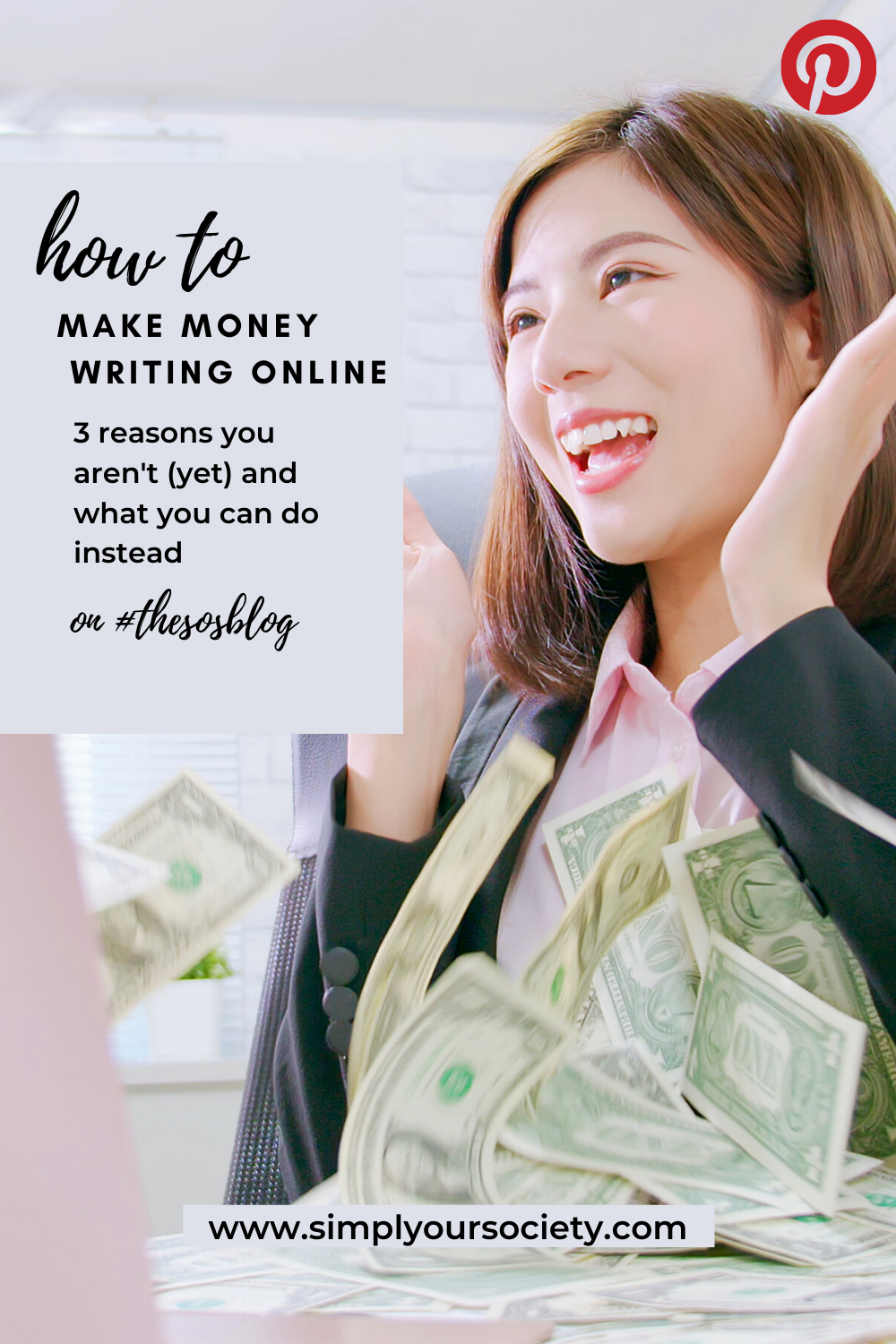 happy woman sitting at a laptop with money shooting out at her, make money online, get paid to write about anything, online writing websites, how to make money online by writing, making money online writing, writing articles for money