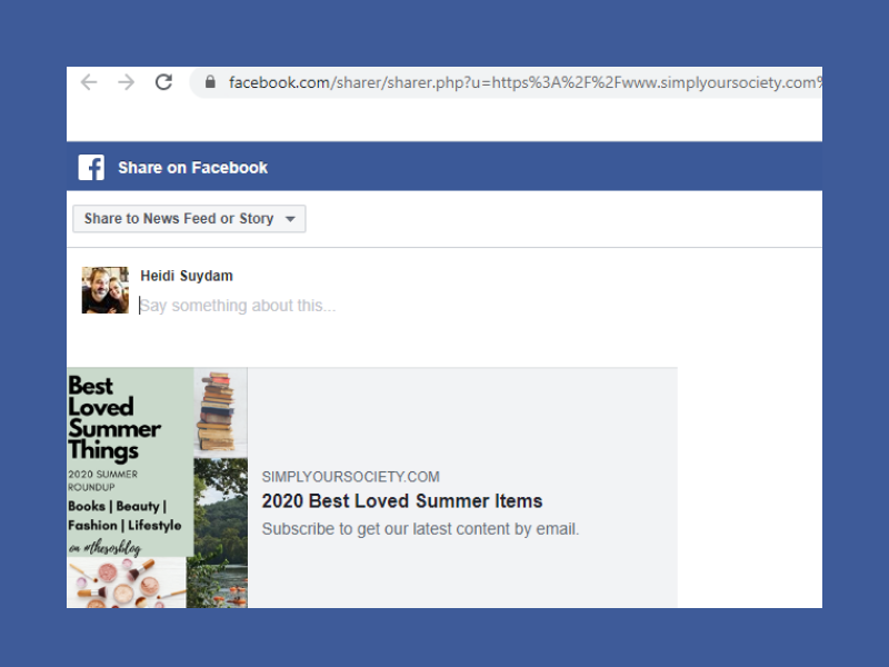 picture of an example how a post will look when being shared to a readers facebook account, picture of blog social icons and 
