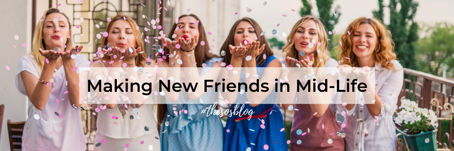 link leads to blog Making New Friends in Midlife, picture of six women friends blowing confetti from their hands, how to make new friends in your 30s, how to make friends as a young adult, how to make friends in your 40s, why is it hard to make friends as an adult, how to make female friends in your 40s