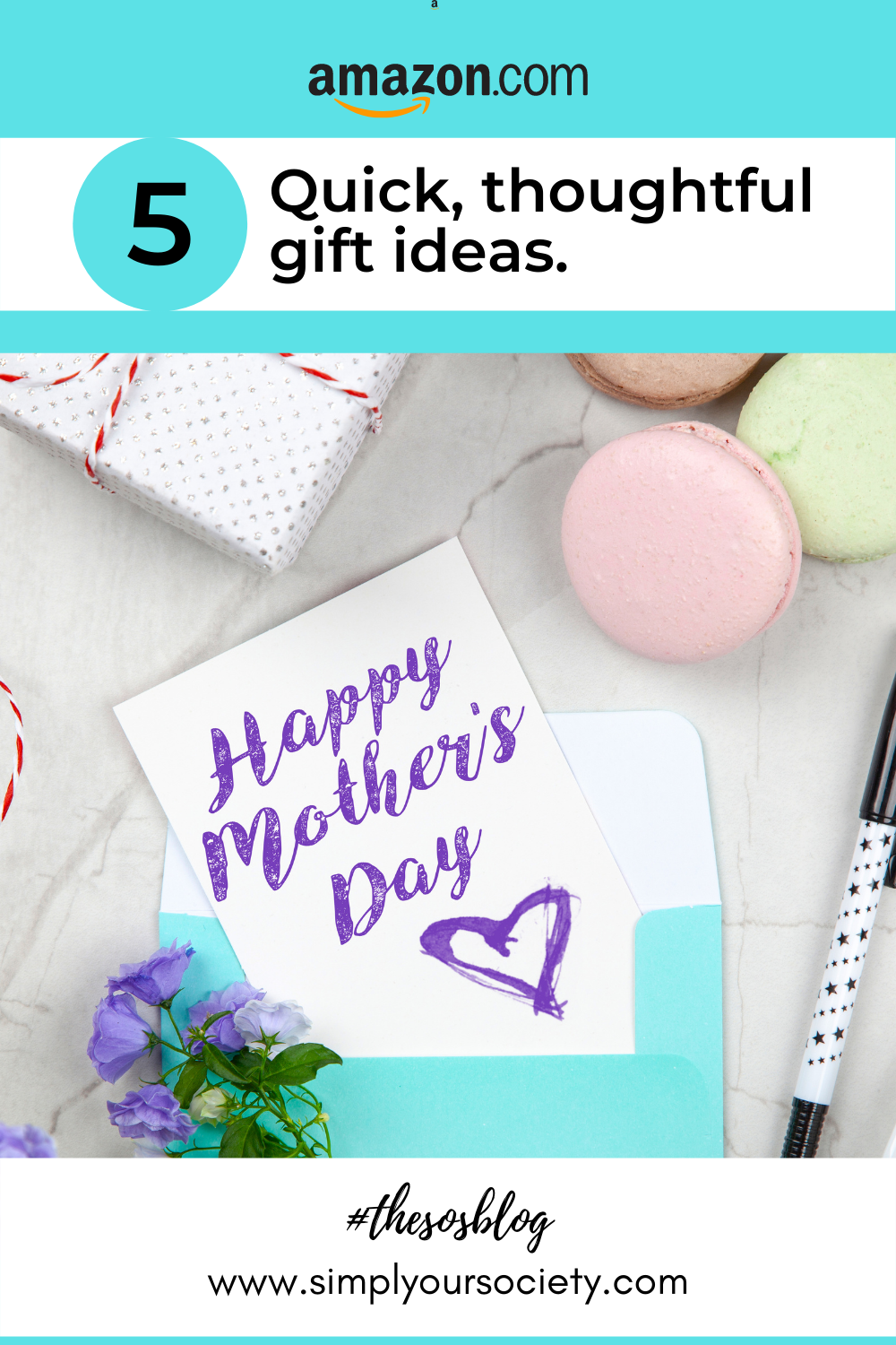 Pinterest Pin 5 quick thoughtful gifts for mothers day with Happy mothers day card in image, mothers day gifts from daugher, mothers day gifts amazon, personalized mothers day gifts, mothers day gifts from son