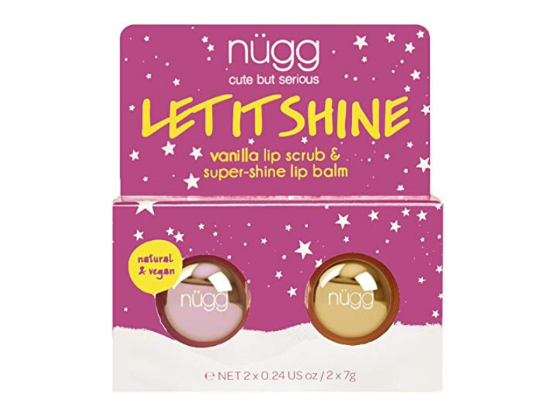 Let it shine by nugg set of lip scrub and balm, pink packaging with yellow writing, let it shine songs, best chapstick for dry lips, vegan lip balm, best lip treatment