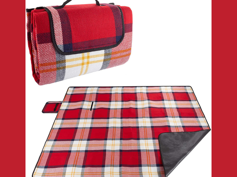 picture of big red check waterproof picnic blanket with carrying handle, waterproof picnic blanket, best picnic blanket, best beach blanket, large beach blanket, cute picnic blanket
