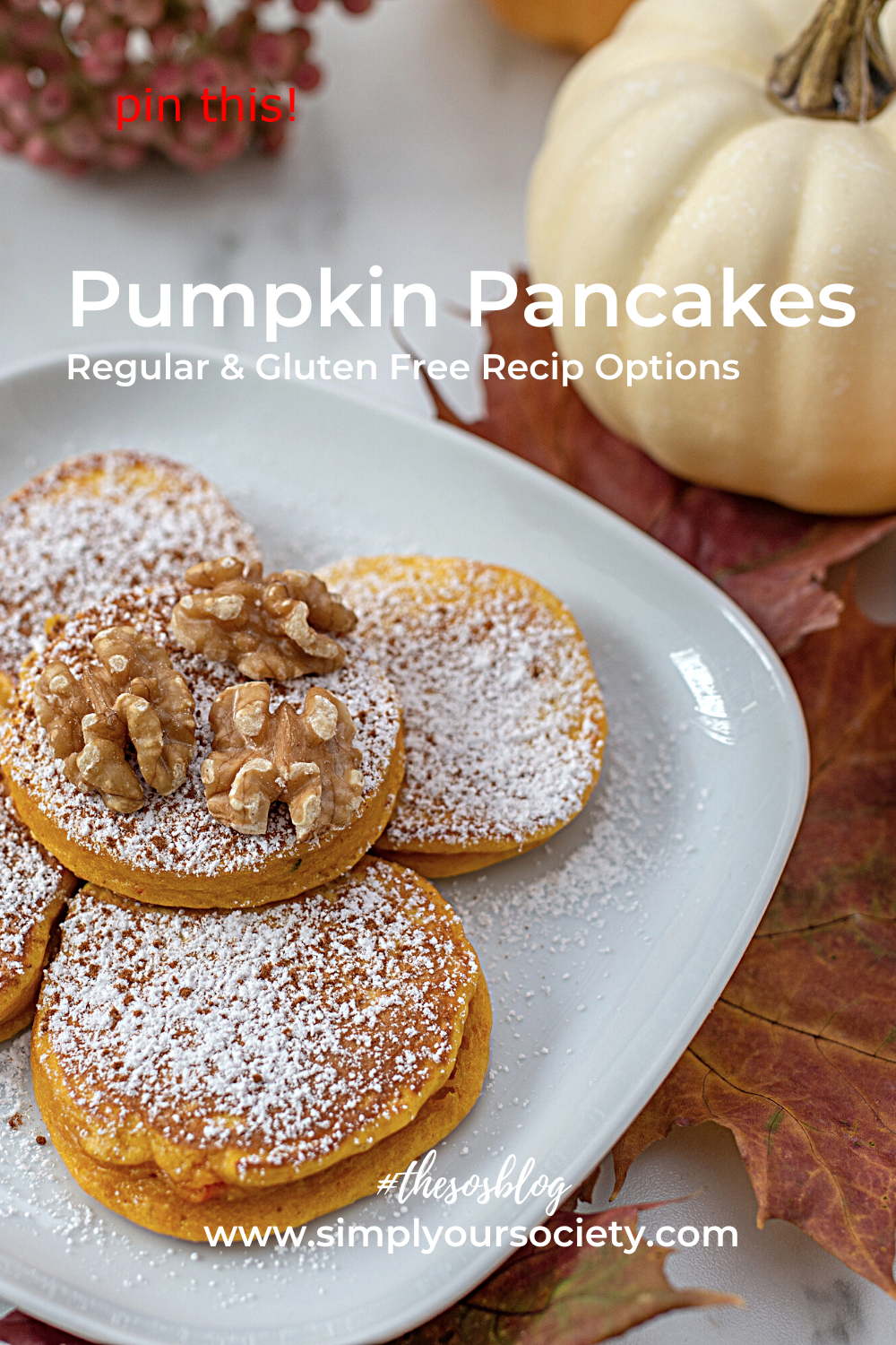 Picture of a plate of pancakes with whiteish pumpkins decorating the table, pumpkin pancakes healthy, pumpkin pancakes, easy pumpkin pancakes, pumpkin recipes, gluten free pumpkin pancakces