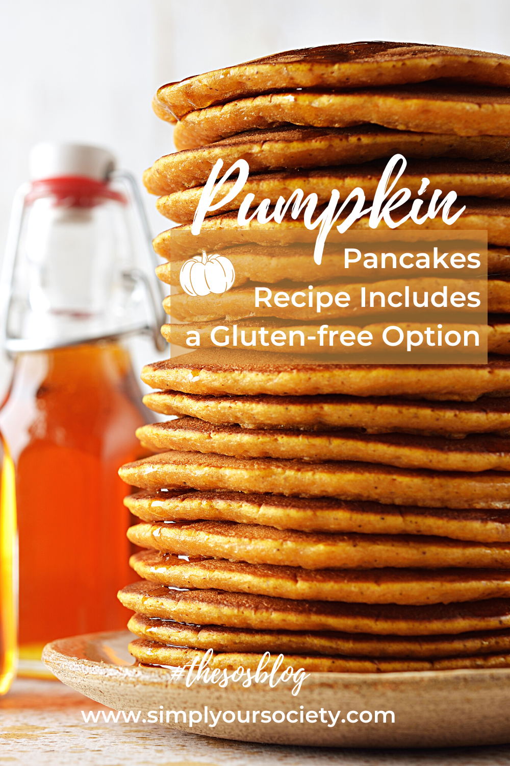 Picture of a  big orangish stack of pancakes with maple syrup in the background, pumpkin pancakes healthy, pumpkin pancakes, easy pumpkin pancakes, pumpkin recipes, gluten free pumpkin pancakces