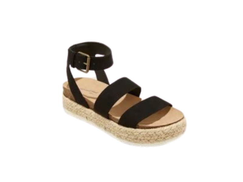 picture of espadrill sandals tan on bottom with black straps, summer fasion, summer sandals