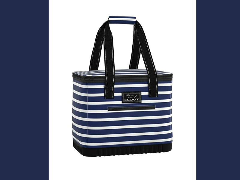  picture of navy blue striped scout cooler bag rectangular shaped with handles, insulated cooler bag, soft cooler bag, best portable cooler, best cooler bag 2020, best budget cooler bag, travel cooler bag, best cooler for the money 2019