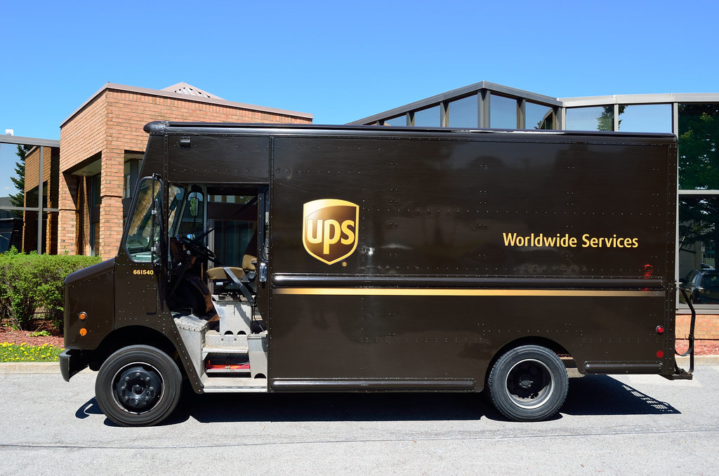 UPS Truck in front of building, UPS delivery schedule, last minute mother's day gifts, mothers day 2020, mother's day gift ideas